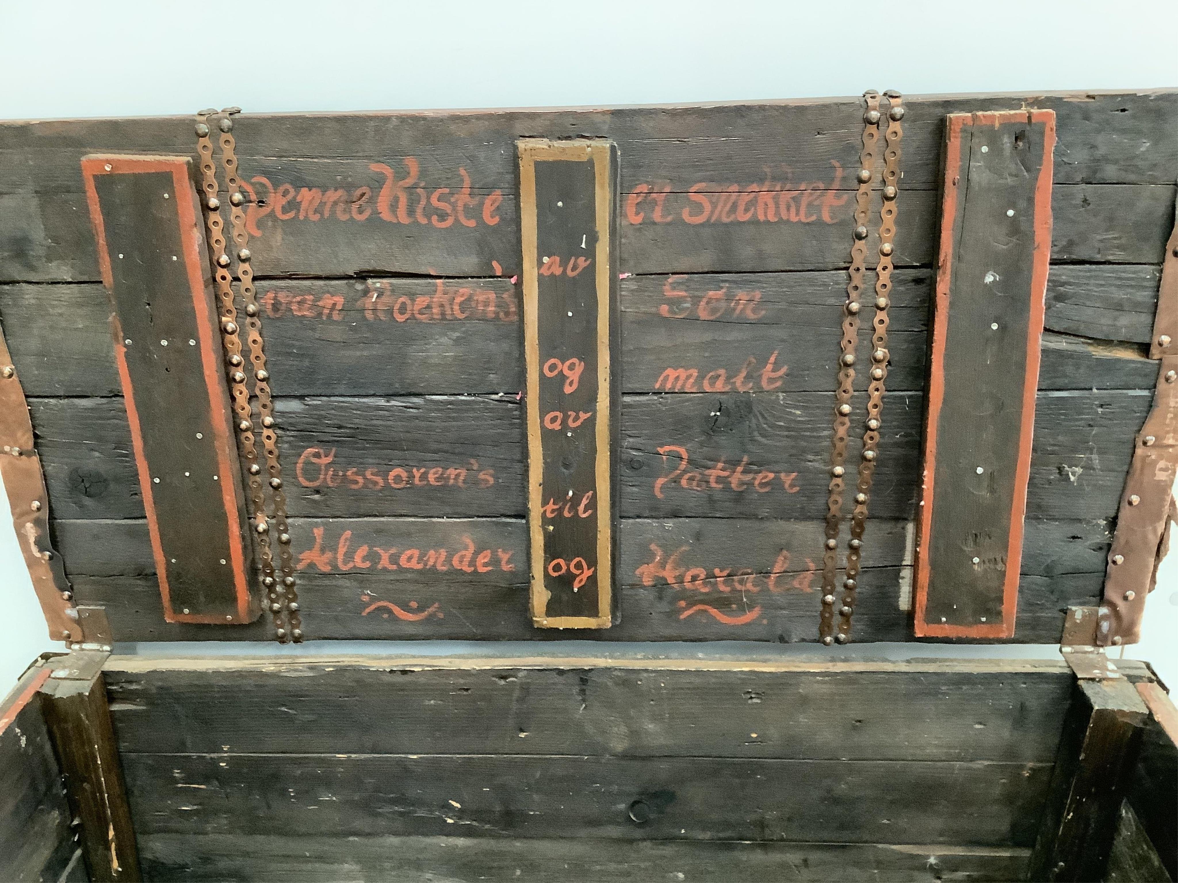 A Dutch painted wood trunk, width 100cm, depth 49cm, height 50cm